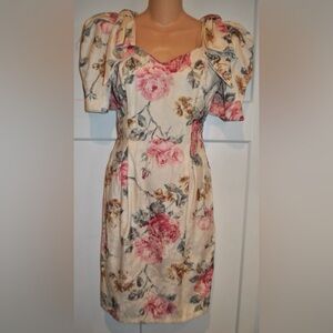 MIDNIGHT GLO Vtg 80s Pin Up Floral Brocade Puff Sleeve Wiggle Hourglass Dress 4